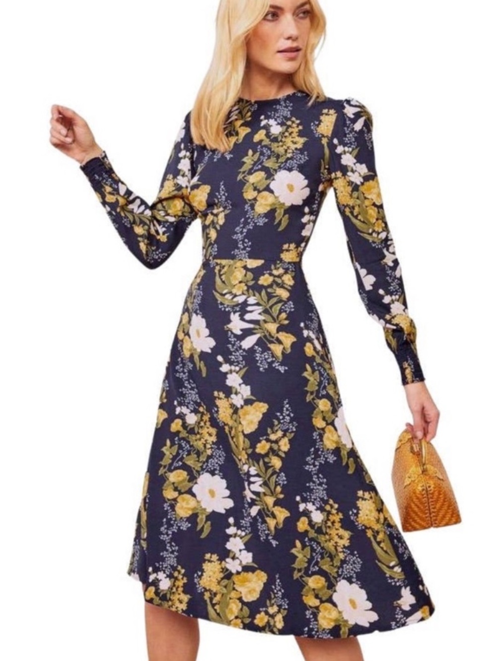 Reformation Kellen Midi Dress in Graciella Navy Yellow Floral Print size 8 $218
